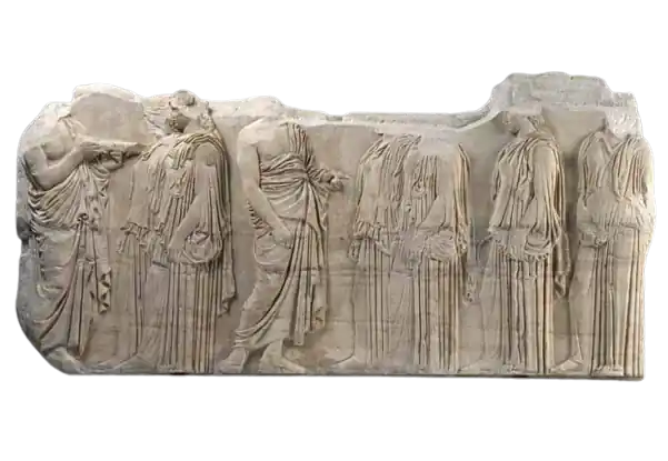 The ancient marble relief of the Ergastines from the Parthenon frieze, depicting the young women who wove the peplos for goddess Athena, serving as the inspiration for the Ergastini brand name