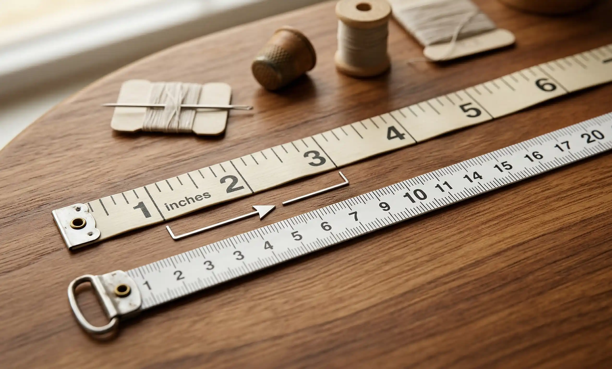 A close-up photograph of two flexible tailor's measuring tapes, one with inch markings and the other with centimeter markings, carefully arranged in parallel on a warm wooden workshop table, illustrating the direct conversion between the two measurement systems.