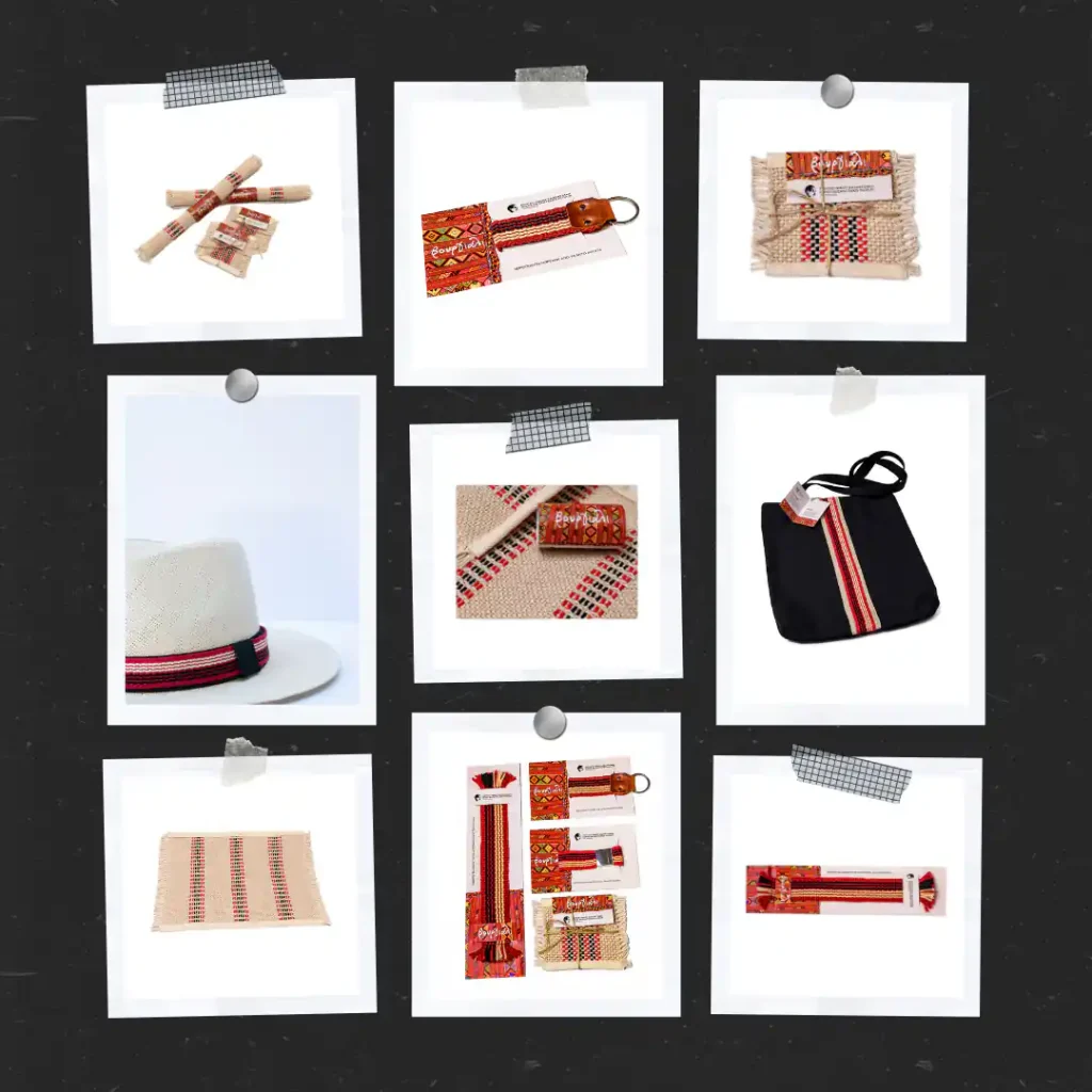 A collage of Ergastini's handmade woven products from the Vourgiali series, including a hat, tote bag, keychain, and coasters with traditional red and black patterns, created exclusively for the Nikos Kazantzakis Museum.