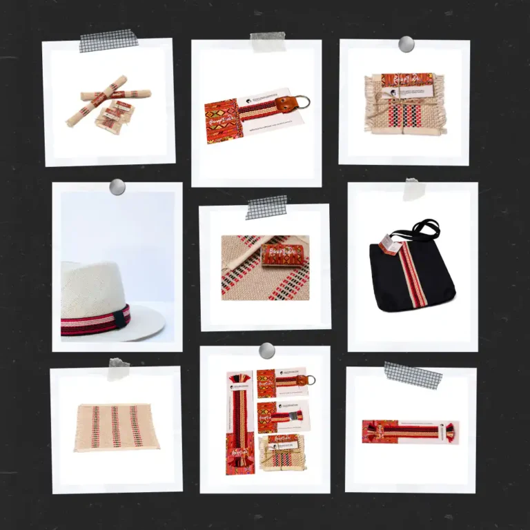 A collage of Ergastini's handmade woven products from the Vourgiali series, including a hat, tote bag, keychain, and coasters with traditional red and black patterns, created exclusively for the Nikos Kazantzakis Museum.