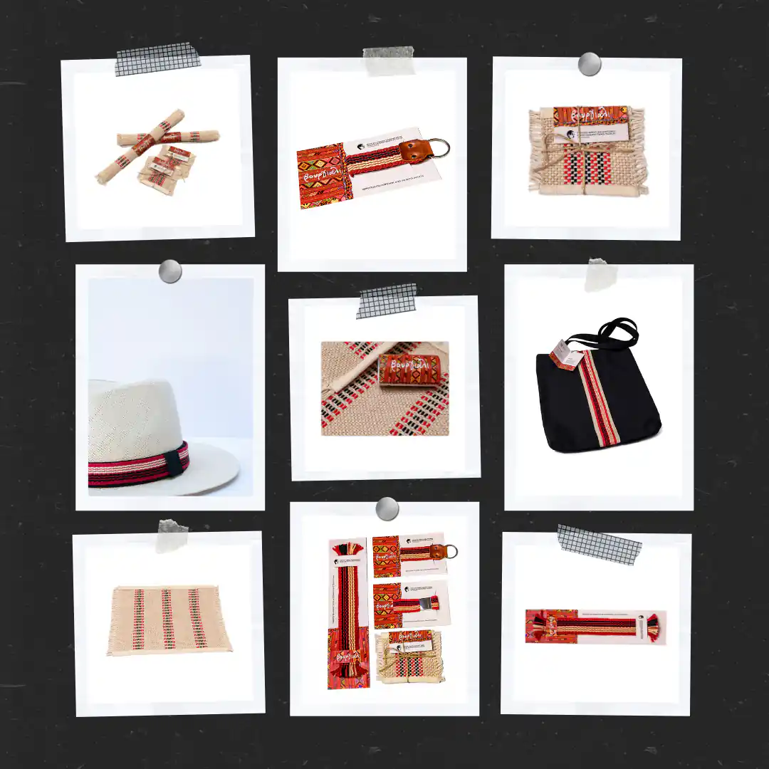 A collage of Ergastini's handmade woven products from the Vourgiali series, including a hat, tote bag, keychain, and coasters with traditional red and black patterns, created exclusively for the Nikos Kazantzakis Museum.