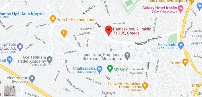 Google Maps screenshot showing the location of Ergastini shop at 7 Damaskinou Street, Heraklion